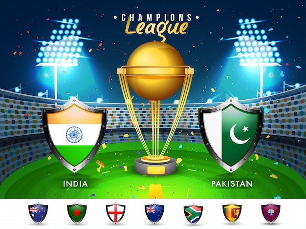 Cricket match participating countries flag shields with india vs pakistan highlighted on shining stadium background.