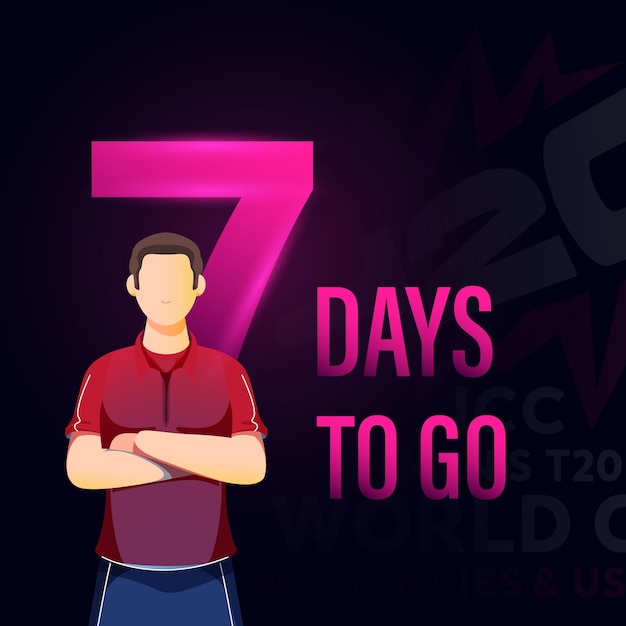 Vector cricket match to start from 7 days left based poster design with england cricketer player character on dark background