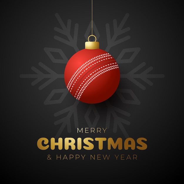 Cricket Merry Christmas and Happy New Year luxury Sports greeting card. cricket ball as a Christmas ball on background. Vector illustration.