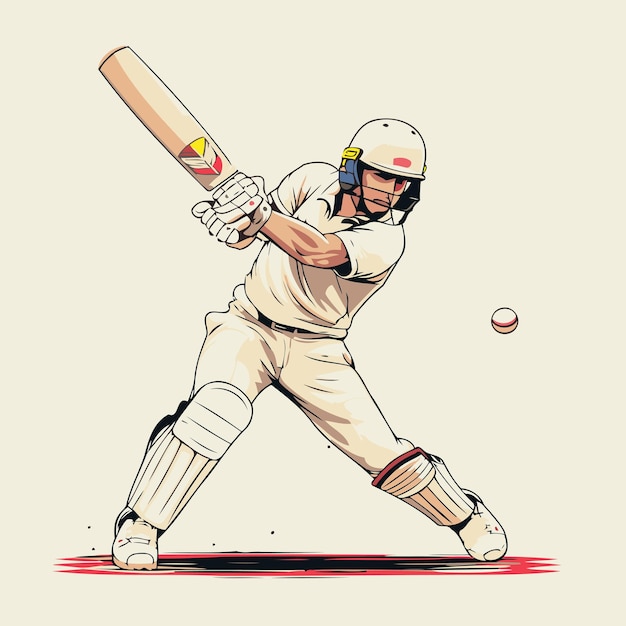Игрок в крикет в действии с битой и мячом Векторная иллюстрация
