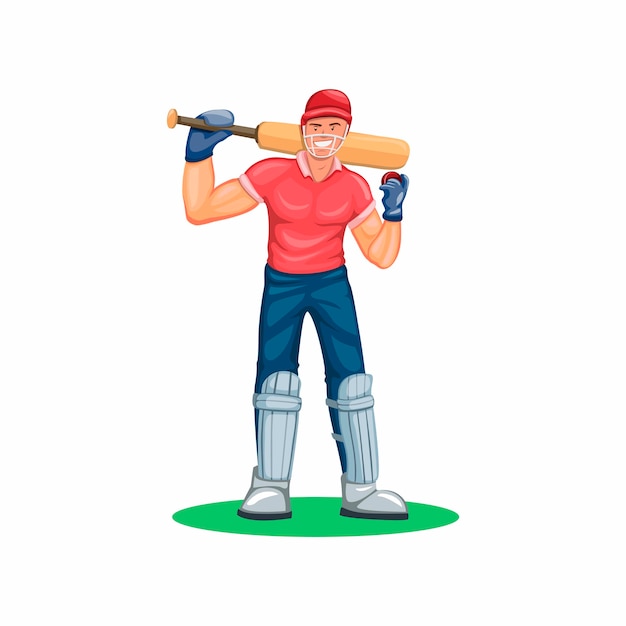 Cricket player athlete sport character figure in cartoon illustration  on white background