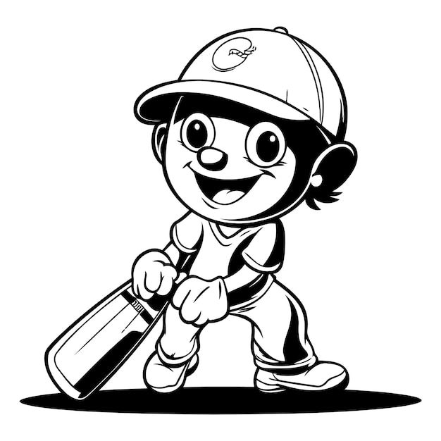 Cricket Player Black and White Cartoon Illustration Vector