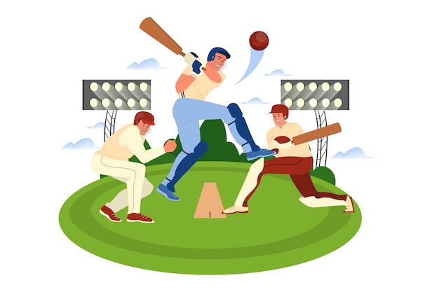 Giocatore di cricket che tiene una mazza in campo. formazione del giocatore di cricket. atleta allo stadio. torneo di campionato, concetto di sport di squadra. illustrazione