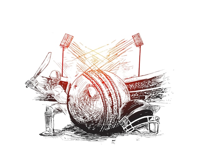 Игрок в крикет с мячом в шлеме на стадионе для крикета от руки эскиз графического дизайна вектор
