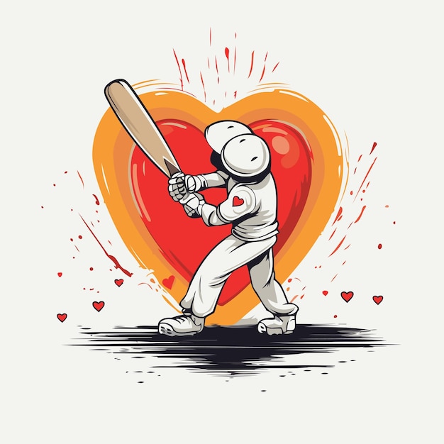 Cricket player with bat and ball on the background of heart