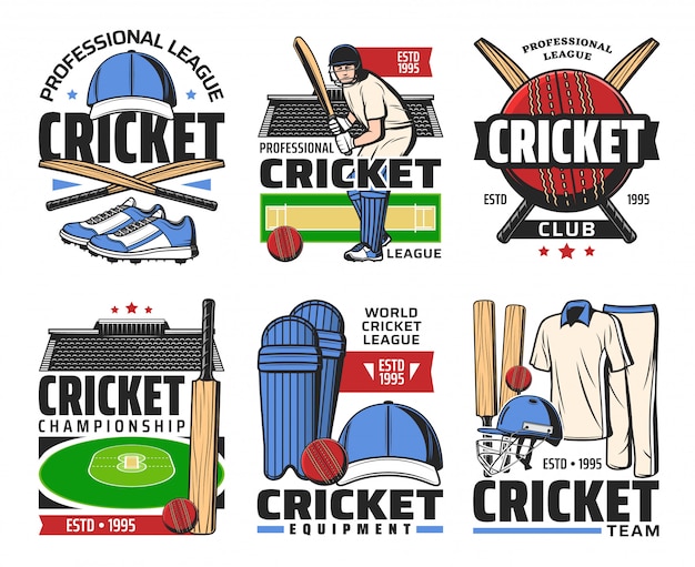 Cricket sport ball, bat, stadium and player icons