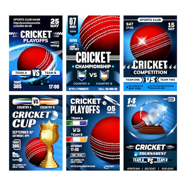 Vector cricket team sportive game posters set