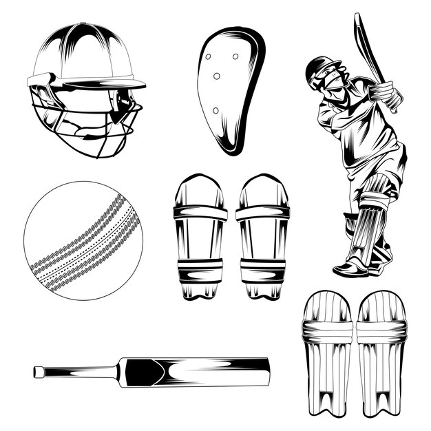 Vector cricket uitrusting en spelers set stock vector