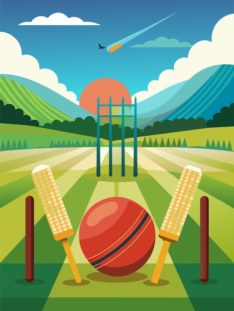 Cricketers battle on a lush green field against a picturesque backdrop of rolling hills and blue ski