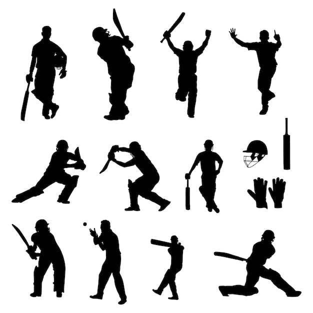 Cricketspeler silhouetten Collectie Set cricketspelers silhouette