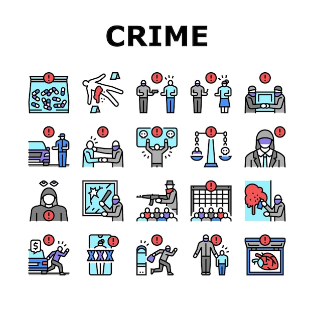 Crime Bandit Illegal Actions Icons Set Vector