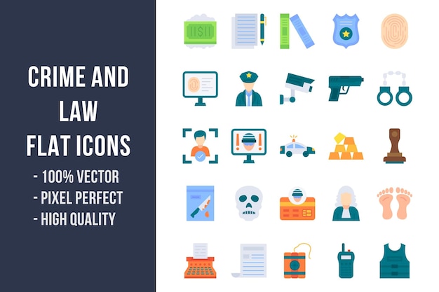 Vector crime and law flat multicolor icons