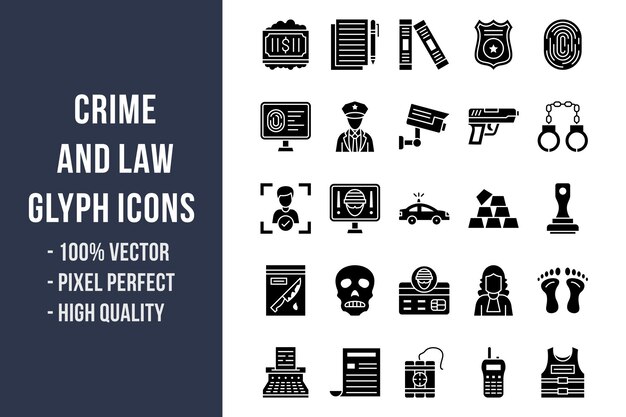 Vector crime and law glyph icons