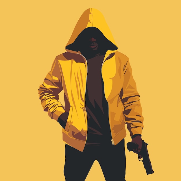 A crime man in a yellow hoodie is holding a gun