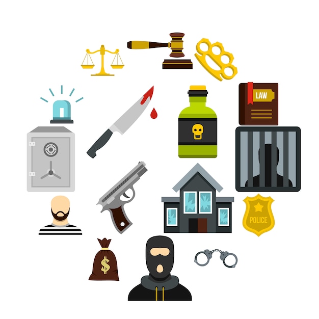 Crime and punishment icons set, flat style