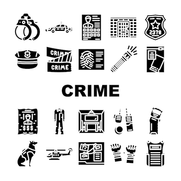 Vector crime scene police criminal icons set vector evidence murder detective tape law information board violence data dark cyber crime scene police criminal glyph pictogram illustrations