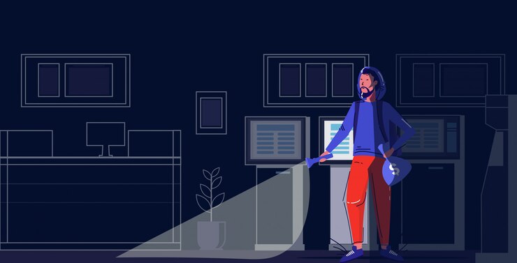 Vector criminal character holding money bags robber using flashlight stealing theft concept modern night bank interior full length sketch 