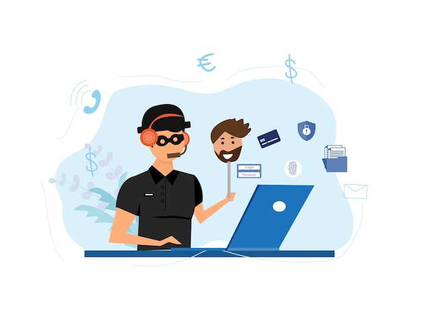 Criminal hacker holding friends mask for hacking on laptop screen stealing money cyber crime theft of personal data password credit card flat vector illustration