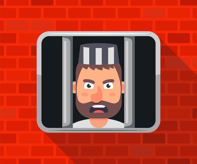 The criminal is sitting in jail and looking out the window. flat vector illustration.