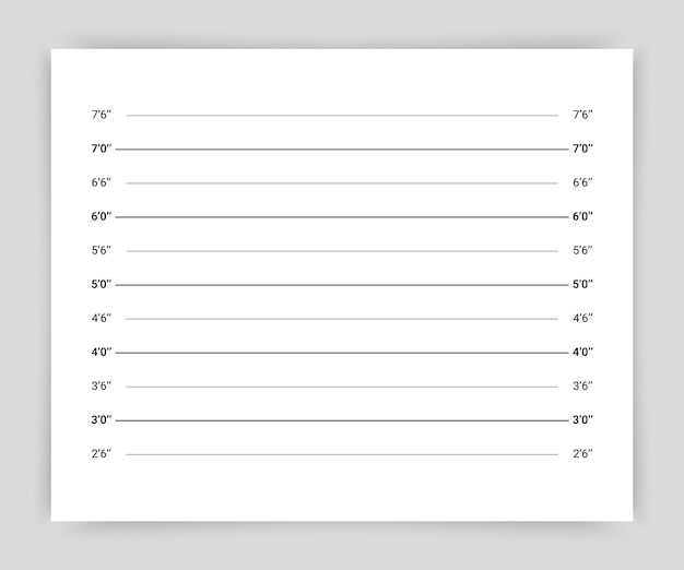 Vector criminal measurements template lineup backdrop police wanted picture with lines in inches mugshot board