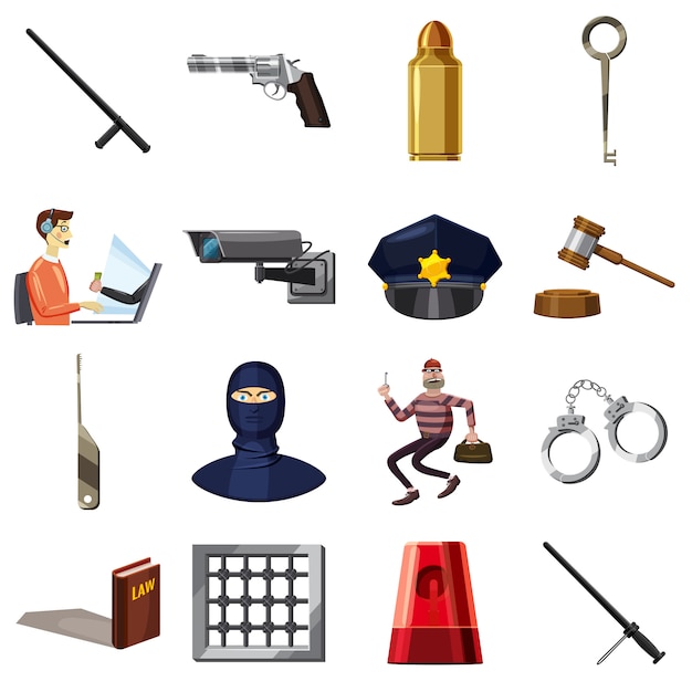 Vector criminal symbols icons set, cartoon style