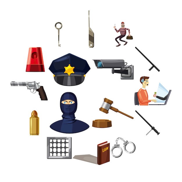Vector criminal symbols icons set, cartoon style