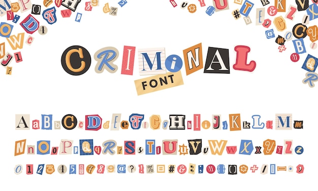 Vector criminal vector alphabet in trendy style collage color letters numbers cut from newspapers