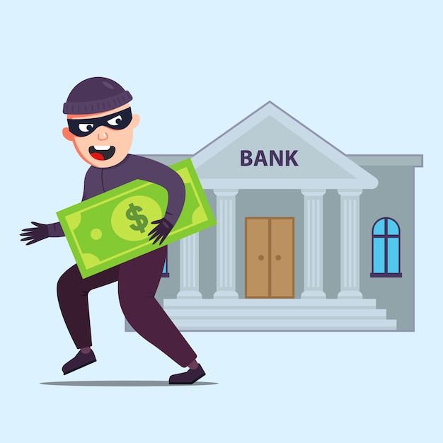 the criminal with money runs out of the bank that robbed. Flat character   illustration.