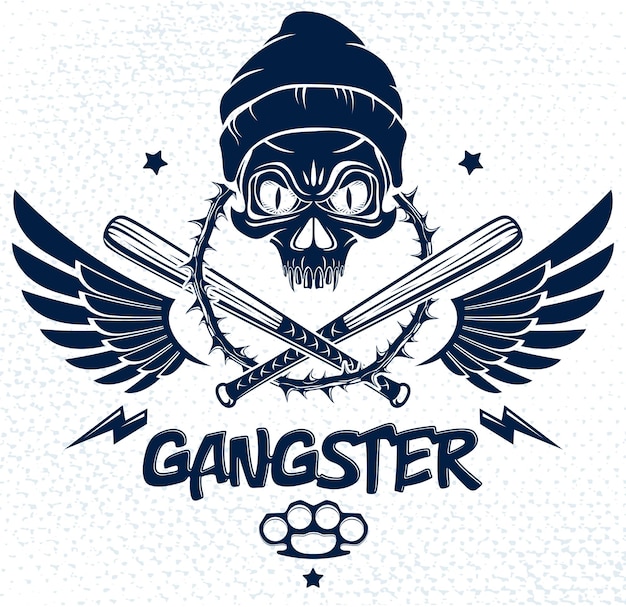 Criminele tatoeage, bendeembleem of logo met agressieve schedelhonkbalknuppels en andere wapens en ontwerpelementen, vector, bandit getto vintage stijl, gangster anarchie of maffia thema.