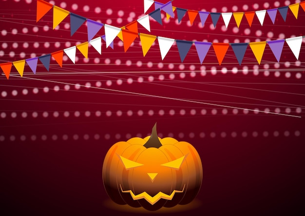 Vector crimson background with party flags and jackolantern pumpkin