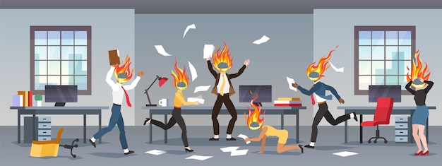 Crisis cartoon office workers running with burning brains people heads with fire nervous overworked employees hurry to complete job on time vector work stress and deadline concept