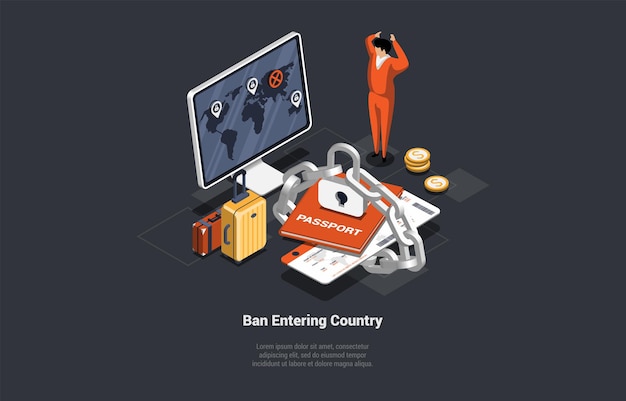 Crisis concept cancellation visa and trip ban entering for russian citizenships economic and political sanctions are imposed on russia and individual citizens isometric 3d vector illustration