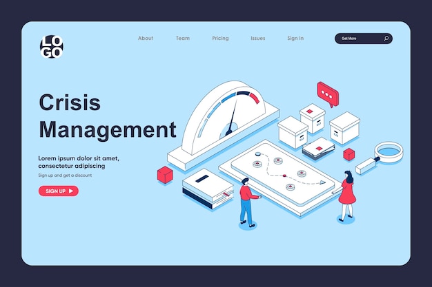 Crisis management concept in 3d isometric design for landing page template People analyzing speedometer data brainstorming solving problem creating recovery strategy Vector illustration for web