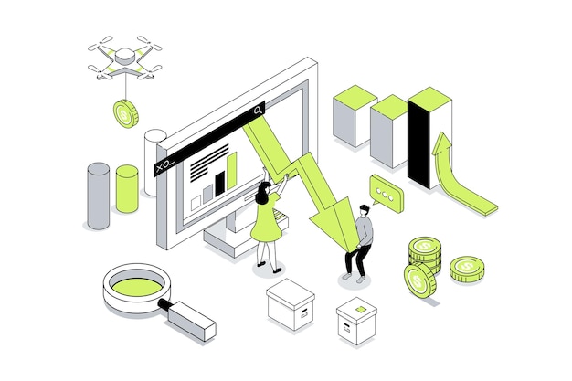 crisis management concept in 3d isometric design manager team analyzing speedometer data finding recovery solution solving problems vector illustration with isometry people scene for web graphic