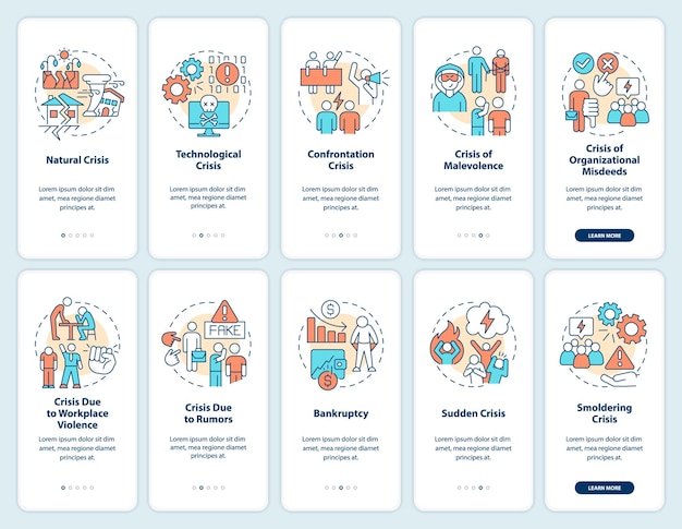 Crisis management onboarding mobile app screen set