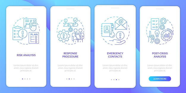 Schermata dell'app mobile onboarding con gradiente blu del piano di gestione delle crisi