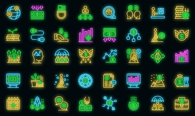 Crisis manager icons set. Outline set of crisis manager vector icons neon color on black