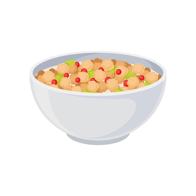 Vector crispy balls with green fruit pieces and lingonberries in a ceramic bowl closeup vector illustration on white background