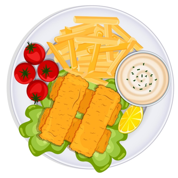 Crispy Chicken Fingers with Fries White Sauce Cherry Tomatoes and Lettuce Top View Illustration