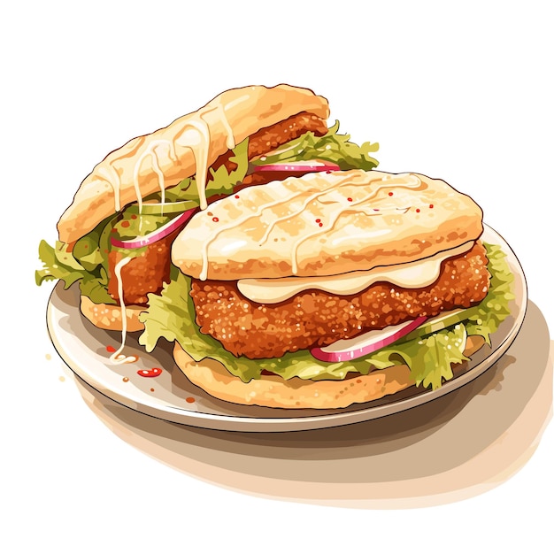 Vettore sandwich di pollo croccante con illustrazione vettoriale di salsa cremosa