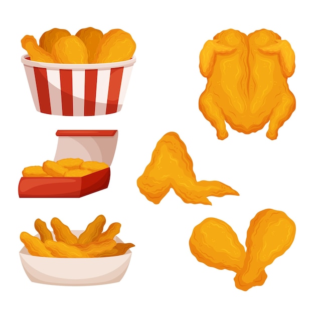 Vector crispy flavorful fried chicken drumsticks wings nuggets and whole body served in a fast food setting a popular choice for quick and satisfying meals isolated set cartoon vector illustration