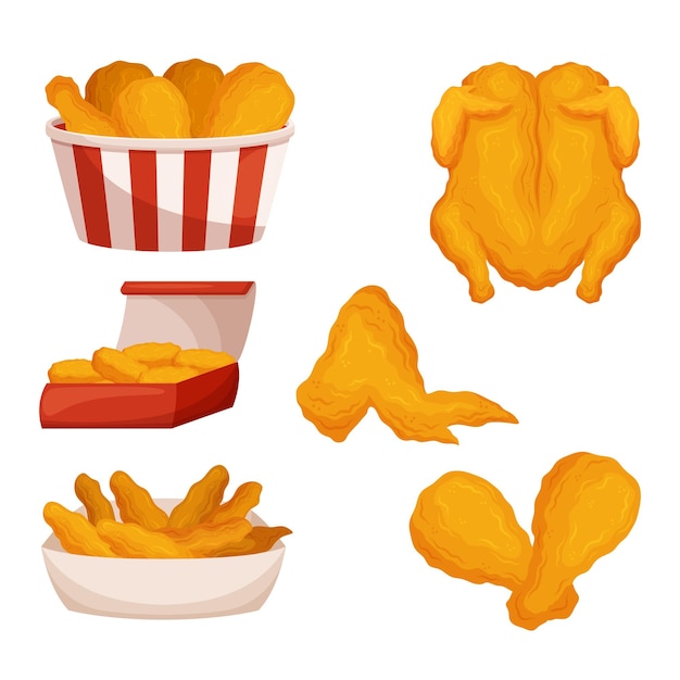 Crispy flavorful fried chicken drumsticks wings nuggets and whole body served in a fast food setting a popular choice for quick and satisfying meals isolated set cartoon vector illustration