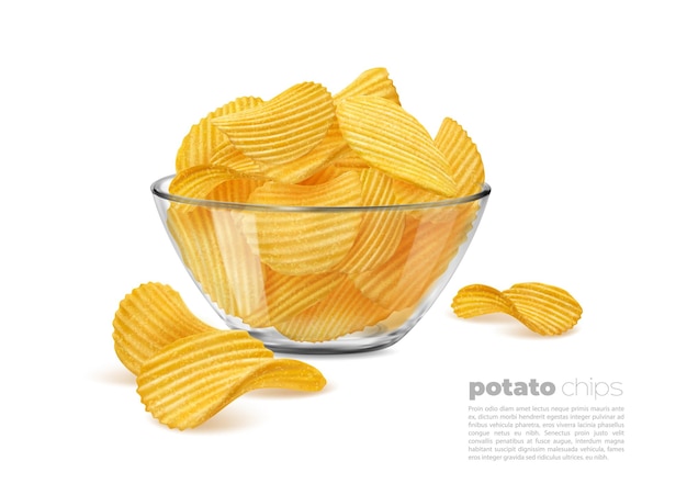 Vector crispy ripple potato chips in glass bowl realistic 3d vector crunchy wavy snack pieces in transparent dish delicious food advertisement crisp meal promotion with chips pile in cup