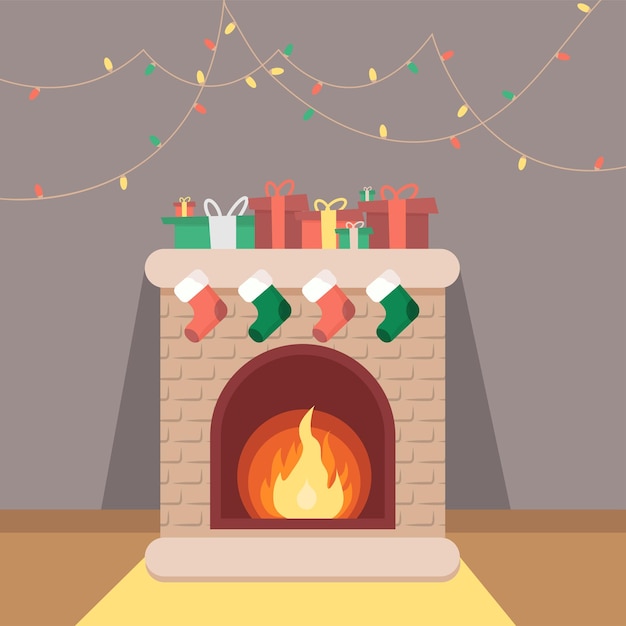 Vector cristmas fireplace with socks and lights