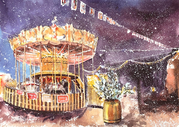 Cristmas illustration watercolor painting city square holidays