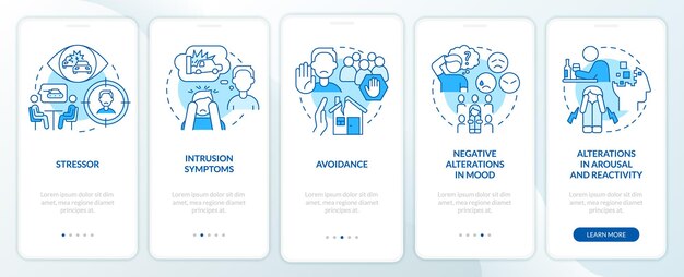 Criteri per la schermata dell'app mobile di onboarding blu ptsd