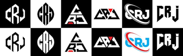 Vettore design del logo delle lettere crj in sei stili crj poligono cerchio triangolo esagono piatto e semplice stile con variazione di colore bianco e nero logo delle lettere impostato in un artboard crj logo minimalista e classico