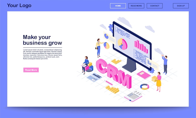 Vector crm for business growth isometric landing page  template.