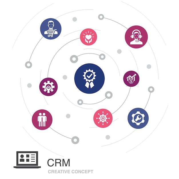 Crm cerchio colorato concetto con icone semplici. contiene elementi come cliente, gestione, relazione, servizio