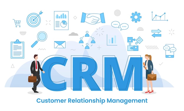 Концепция crm с громкими словами и людьми, окруженными соответствующей иконкой, распространяющейся в современном стиле синего цвета